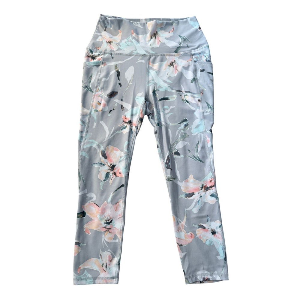 RBX Leggings Womens M Grey Floral Capri High Waisted Side Pockets Activewear